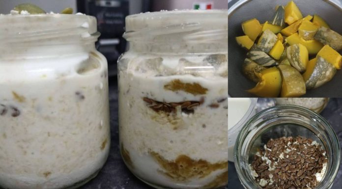 Semangkuk overnight oats creamy dengan topping buah segar