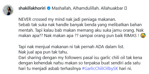 Shakilla Khoriri Ceburi Bisnes Makanan, Jual Garlic Chili Oil & Produk ‘Ready To Eat’ (RTE)